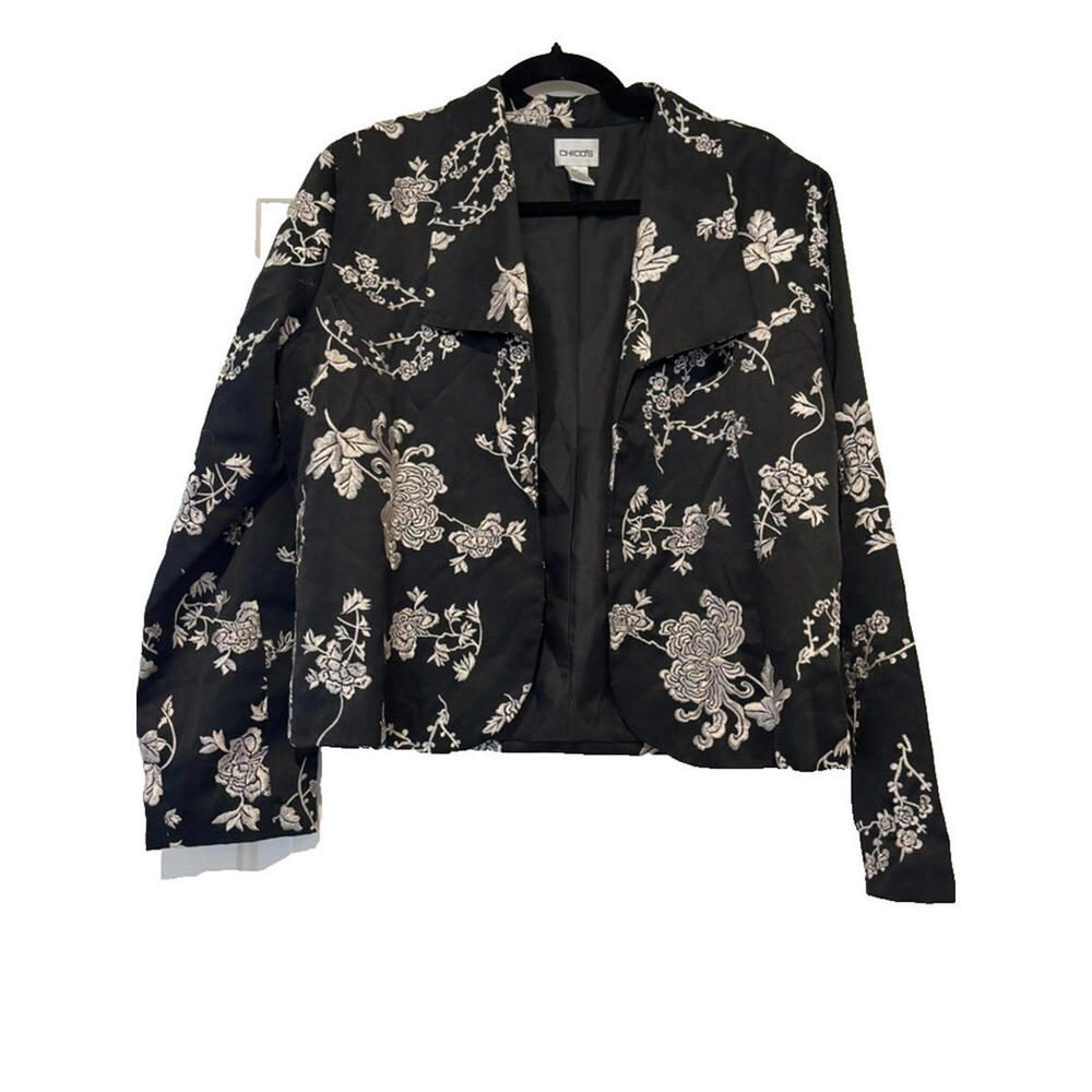 Chico's‎ sz 2(large)black silk and cotton embroidered flowers open jacket #1324